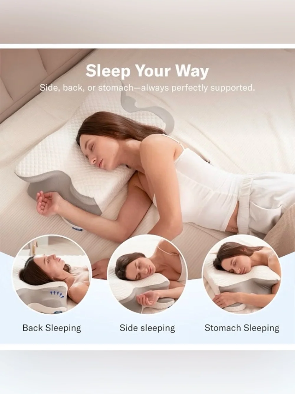 Alcedo Cervical Pillow for Cozy Sleep and Neck Pain Relief, White, Gray, SEALED